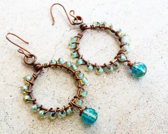 Seafoam Green Turquoise Beaded Antiqued Copper Loop Earrings Wire-wrapped Dangle Earrings By Distinctly Daisy