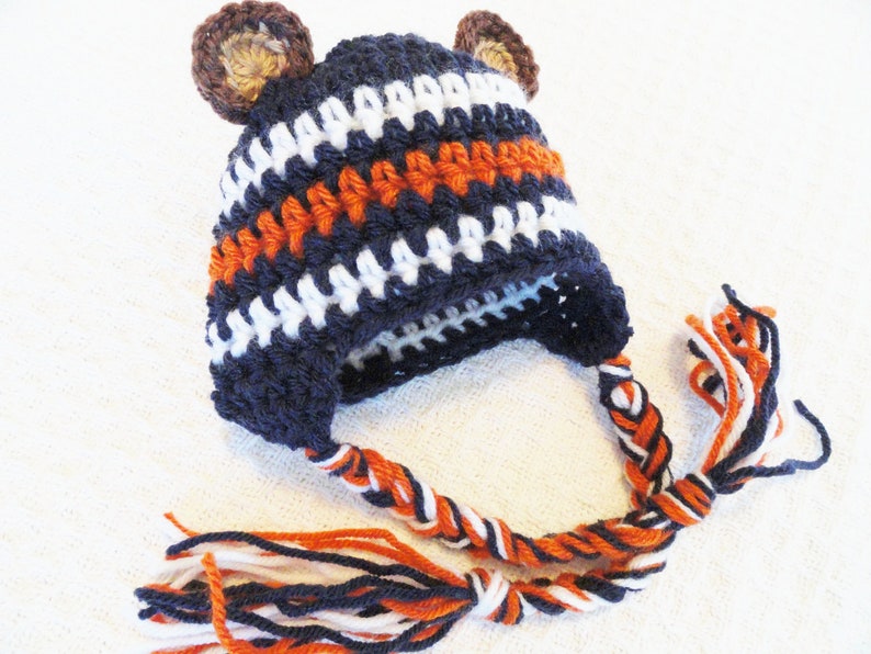 Chicago Bears Beanie Hat Beary Cute Hat Crocheted Chicago Bears Inspired Baby Beanie Photo Prop with Ear Flap Tassels By Distinctly Daisy image 1