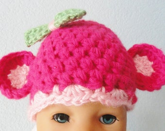 Little Pink Monkey Baby Beanie Handmade Crocheted Cap Hot Pink Sparkly with Ears and Bow