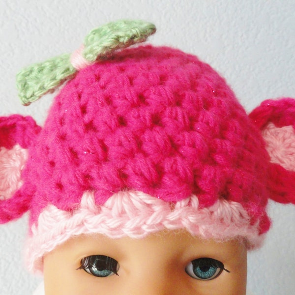 Little Pink Monkey Baby Beanie Handmade Crocheted Cap Hot Pink Sparkly with Ears and Bow