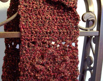 I Love Fall - Hand Crocheted Scarf - Falling Leaves Maple/ Elm Leaf - Chocolate Brown Crimson Red Forest Green Pumpkin Orange -  7 x 48