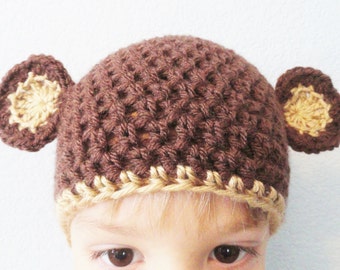 Little Monkey Baby Beanie Handmade Crocheted Cap Dark Chocolate Brown and Caramel with Ears