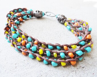 Handmade Crocheted Multistrand Boho Brown Hemp Southwestern Bracelet with Turquoise Orange Yellow Beads By Distinctly Daisy