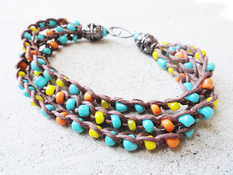 Handmade Crocheted Multistrand Boho Brown Hemp Southwestern Bracelet with Turquoise Orange Yellow Beads By Distinctly Daisy image 1