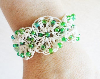 Handmade Crocheted White Cotton Bracelet with Green Beads By Distinctly Daisy