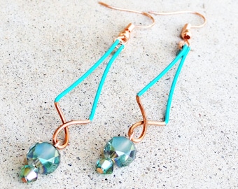 Turquoise Copper Earrings Wire-wrapped Handmade Sinewy Dangle Beaded Color Block Earrings By Distinctly Daisy