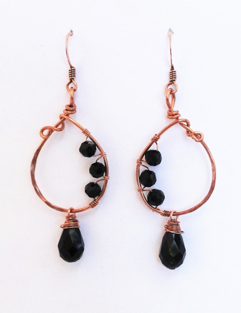 Copper Earrings Wire-wrapped Handmade Black Teardrop Crystal Dangle Earrings By Distinctly Daisy image 2