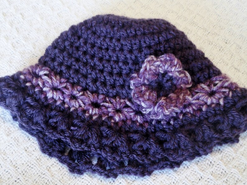 Grape Royal Harvest Purple Crocheted Baby Girl Beanie Hat 3D Variegated Flower image 2