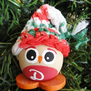 Red Green Owl Christmas Tree Ornament Personalized Handpainted Wooden Holiday Decoration Hand-crocheted Hat By Distinctly Daisy image 4