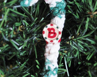 Personalized Crocheted Candycane Christmas Tree Ornament Monogram Initial B Handpainted Wooden Holiday Decoration By Distinctly Daisy