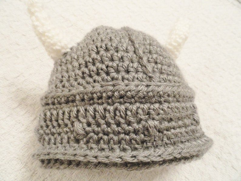 Crocheted Little Viking Helmet Grey with Horns Beanie By Distinctly Daisy image 3