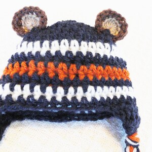 Chicago Bears Beanie Hat Beary Cute Hat Crocheted Chicago Bears Inspired Baby Beanie Photo Prop with Ear Flap Tassels By Distinctly Daisy image 3