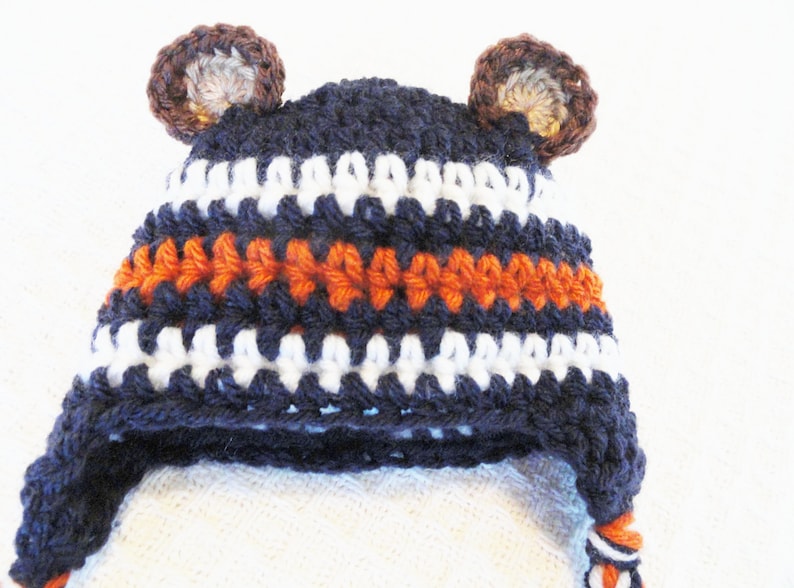 Chicago Bears Beanie Hat Beary Cute Hat Crocheted Chicago Bears Inspired Baby Beanie Photo Prop with Ear Flap Tassels By Distinctly Daisy image 3