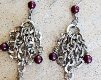 Chain Fringe Silver Dangle Earrings with Plum Purple Accents By Distinctly Daisy