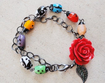 Multicolored Ladybug and Red Rose Beaded Chain Bracelet By Distinctly Daisy