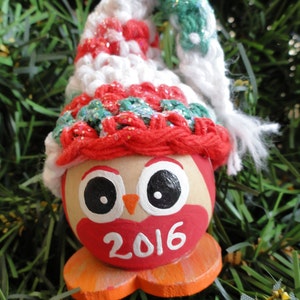 Red Green Owl Christmas Tree Ornament Personalized Handpainted Wooden Holiday Decoration Hand-crocheted Hat By Distinctly Daisy image 5