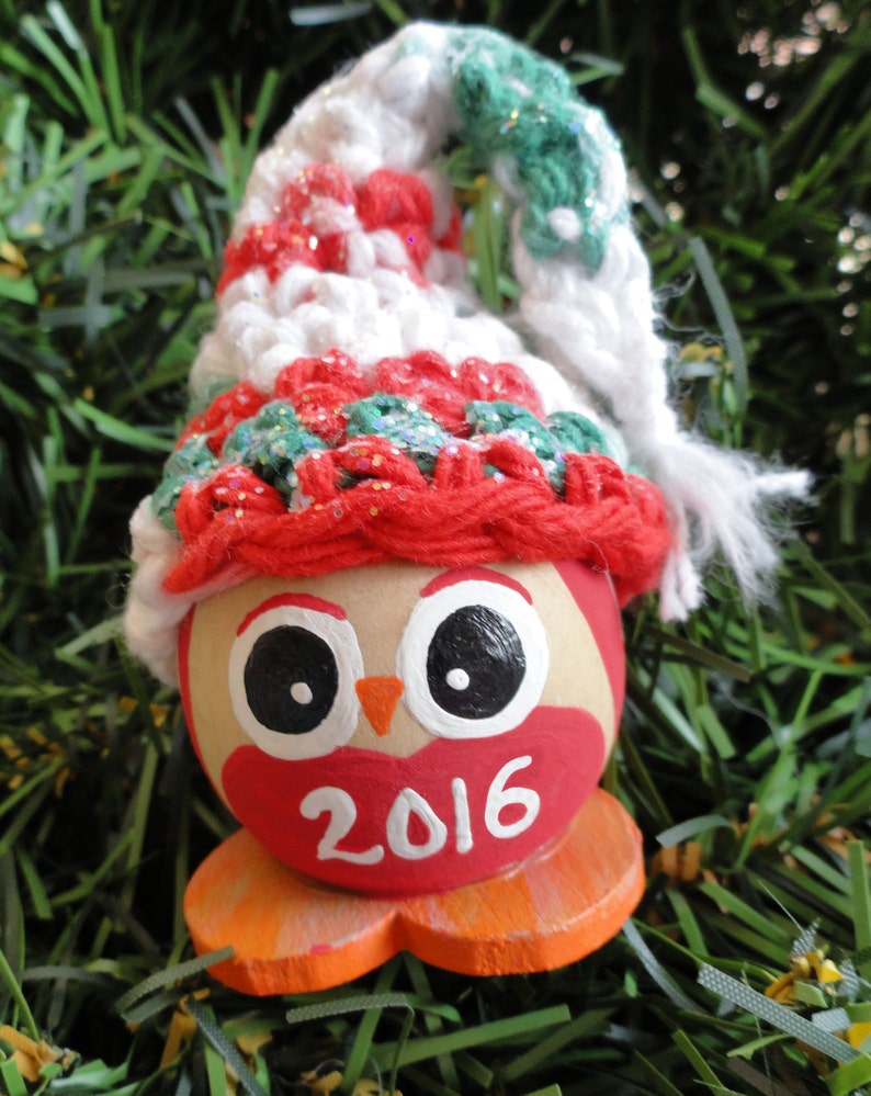 Red Green Owl Christmas Tree Ornament Personalized Handpainted Wooden Holiday Decoration Hand-crocheted Hat By Distinctly Daisy image 5