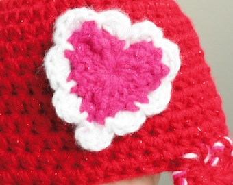 Little Valentine Baby Beanie Handmade Crocheted Red Cap Hot Pink Sparkly Heart with Braided Ear Flaps