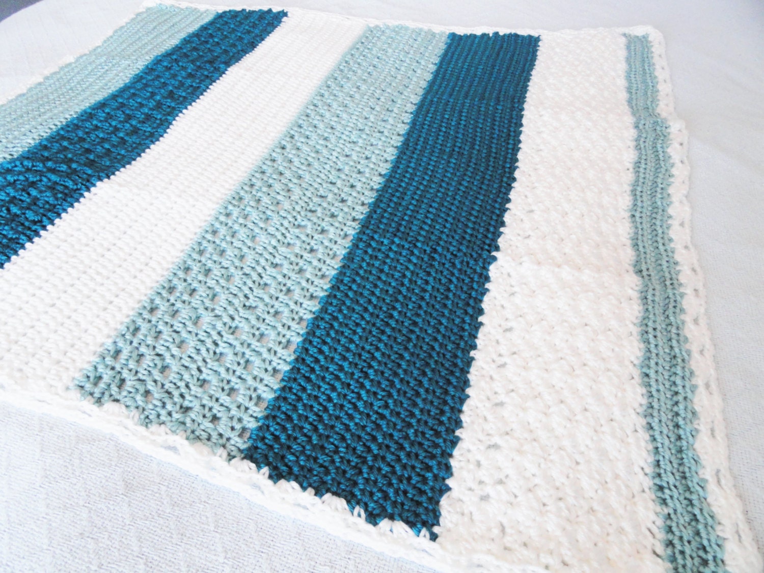 Teal Blue Striped Crocheted Afghan Baby Blanket Office Lap - Etsy