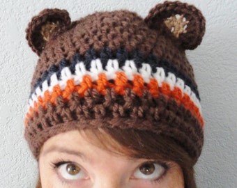 Chicago Bears Beanie Hat Go Bears Hat Hand-crocheted Chicago Bears Inspired Brown Beanie with Ears By Distinctly Daisy