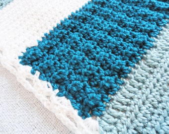 Teal Blue Striped Crocheted Afghan Baby Blanket Office Lap Throw Lacy Blue and White By Distinctly Daisy