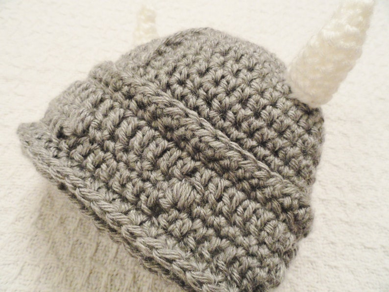 Crocheted Little Viking Helmet Grey with Horns Beanie By Distinctly Daisy image 4