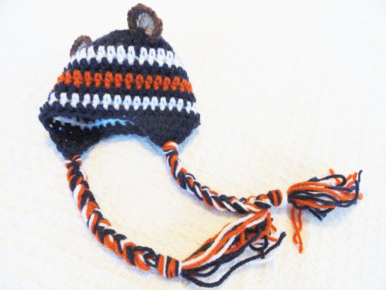 Chicago Bears Beanie Hat Beary Cute Hat Crocheted Chicago Bears Inspired Baby Beanie Photo Prop with Ear Flap Tassels By Distinctly Daisy image 2