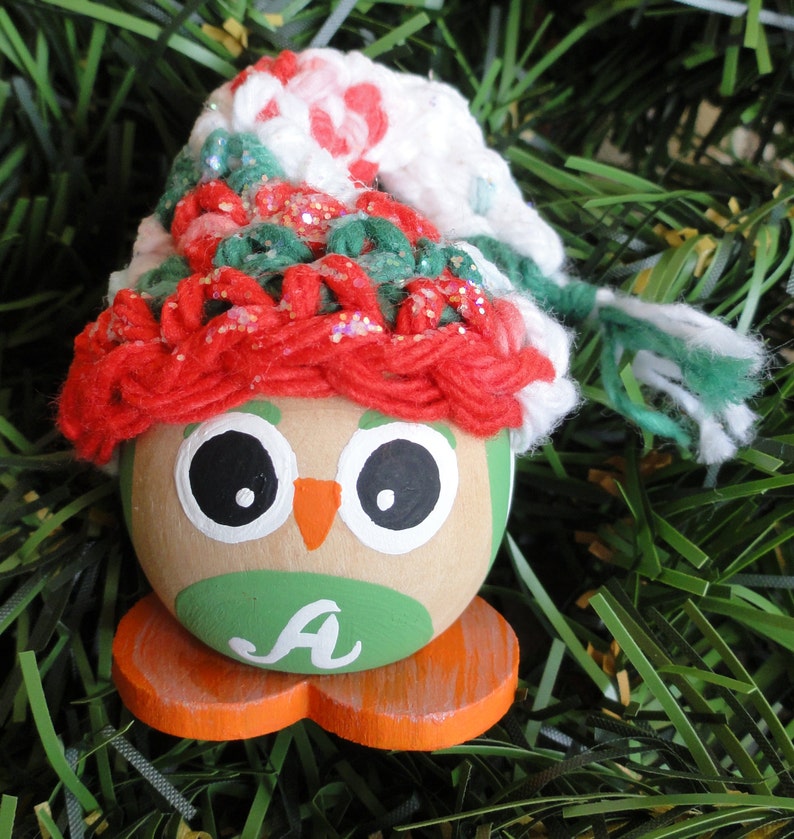 Red Green Owl Christmas Tree Ornament Personalized Handpainted Wooden Holiday Decoration Hand-crocheted Hat By Distinctly Daisy image 2