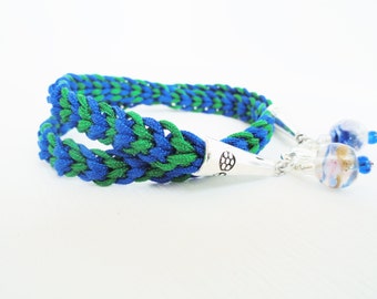 Blue Green Woven Kumihimo Wrap Bracelet Glass Bead Nylon Paracord By Distinctly Daisy