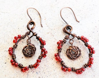 Rose Antiqued Copper Loop Earrings Wire-Wrapped Red Dangle Earrings By Distinctly Daisy