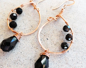 Copper Earrings Wire-wrapped Handmade Black Teardrop Crystal Dangle Earrings By Distinctly Daisy