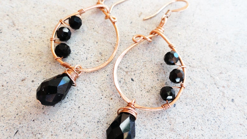 Copper Earrings Wire-wrapped Handmade Black Teardrop Crystal Dangle Earrings By Distinctly Daisy image 1