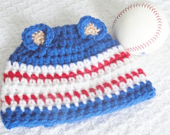 Chicago Cubs Beanie Hat Cubs Hat Hand-crocheted Chicago Cubs Baseball Inspired Blue Red White Beanie with Ears By Distinctly Daisy