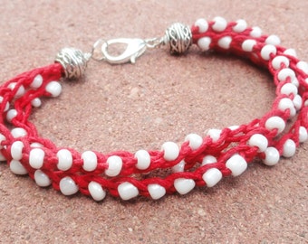 Handmade Crocheted Multistrand Baseball Red Hemp Bracelet with White Beads By Distinctly Daisy