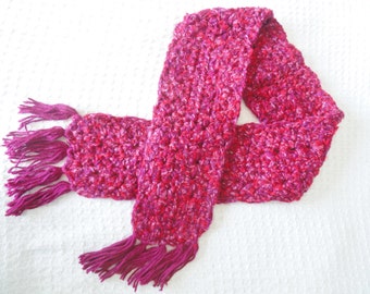 Women's Raspberry Pink Crocheted Scarf with Fringe Spring Flowers By Distinctly Daisy