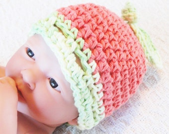 Pumpkin Crocheted Newborn Baby Beanie Cotton Hat Halloween Orange with Leaf by Distinctly Daisy