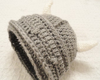 Crocheted Little Viking Helmet Grey with Horns Beanie By Distinctly Daisy