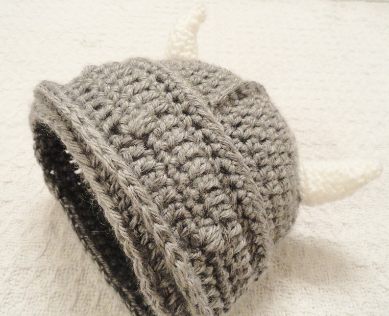 Crocheted Little Viking Helmet Grey with Horns Beanie By Distinctly Daisy image 1