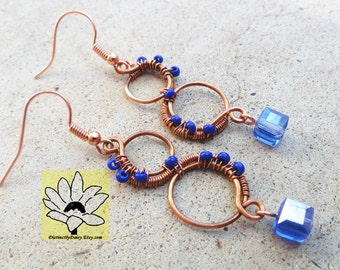 Blue and Copper Earrings Wire-wrapped Handmade Dangle Beaded Earrings By Distinctly Daisy