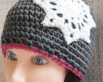 Snowflake Crocheted Hat Beanie Charcoal Grey Sparkle White Pink Womens Cap by Distinctly Daisy