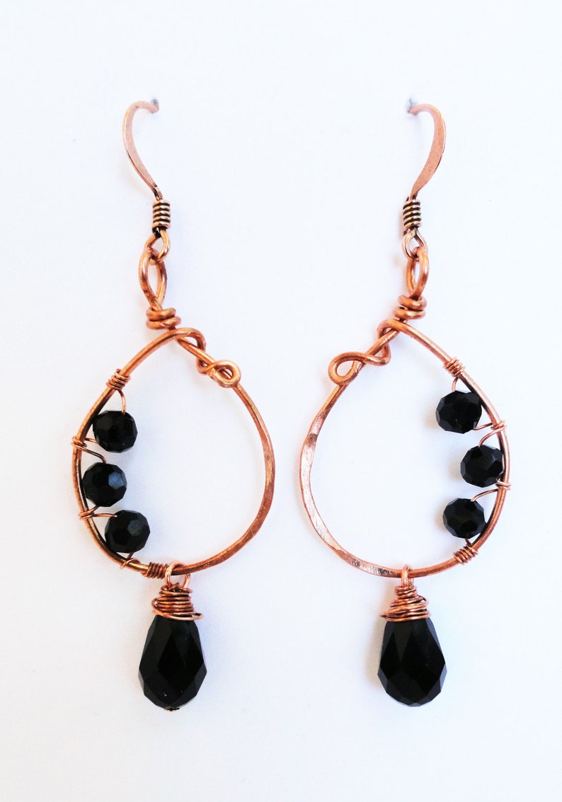 Copper Earrings Wire-wrapped Handmade Black Teardrop Crystal Dangle Earrings By Distinctly Daisy image 4