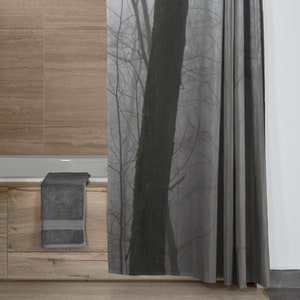 Tree Shower Curtain, Nature Bathroom, Black and White Gray, Tree Bath Curtain, Forest Decor image 2