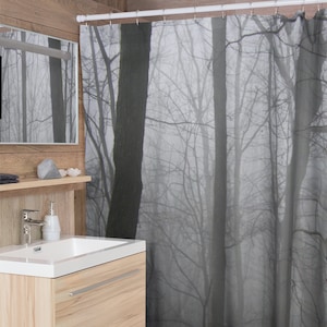 Tree Shower Curtain, Nature Bathroom, Black and White Gray, Tree Bath Curtain, Forest Decor image 1