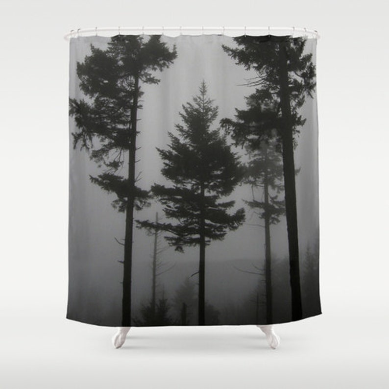 Fabric Shower Curtain Foggy Trees Black And White Gray Decorative 71x74 Inches