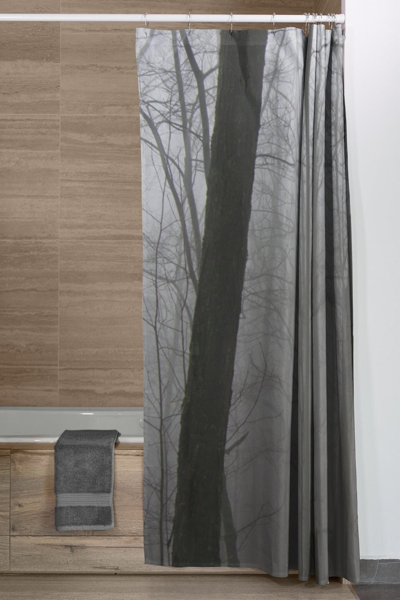 Tree Shower Curtain, Nature Bathroom, Black and White Gray, Tree Bath Curtain, Forest Decor image 2