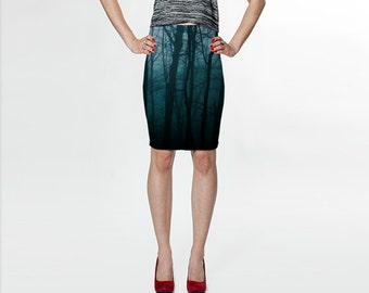 Tree Forest Branches - Black Blue - Fitted Skirt - Pencil Skirt - Knee Skirt -  XS S M L XL - Women's Skirt Clothing