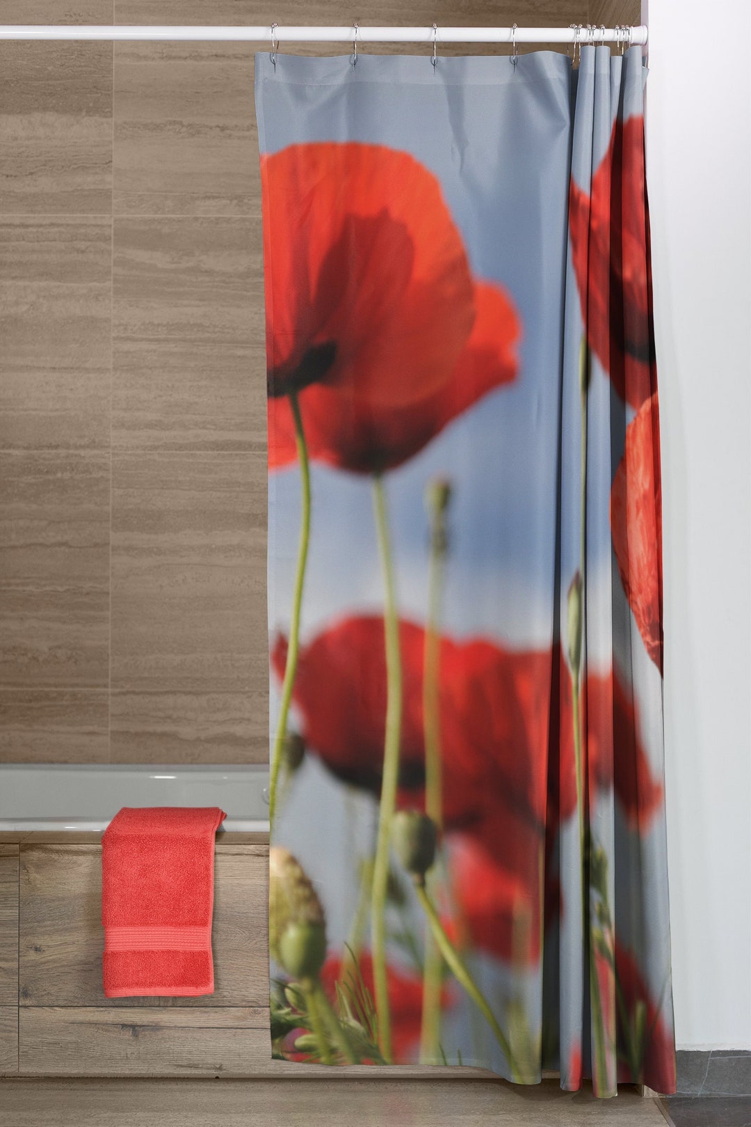 Poppy Shower Curtain, Floral Bathroom, Red Flower Shower Curtain, Red