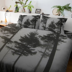 Tree Duvet Cover, Tree Bedding, Forest Bedroom Decor, Comforter Cover, Gray Black White, Nature Bedding Queen Twin Pillow Sham image 1