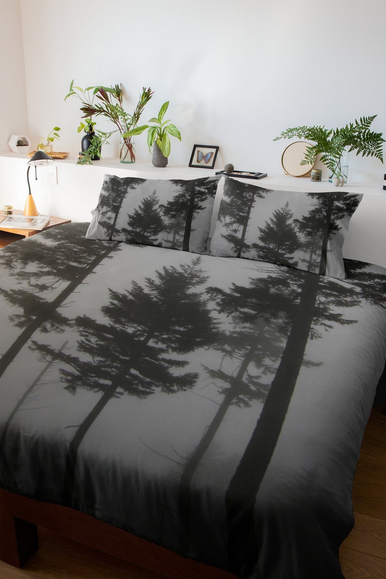 Tree Duvet Cover, Tree Bedding, Forest Bedroom Decor, Comforter Cover, Gray Black White, Nature Bedding Queen Twin Pillow Sham image 1