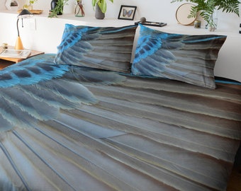 Bird Duvet Cover, Bird Feather Bedding, Nature Bedroom, Blue Gray Duvet Cover, Comforter Cover, Queen Twin Bedding Set